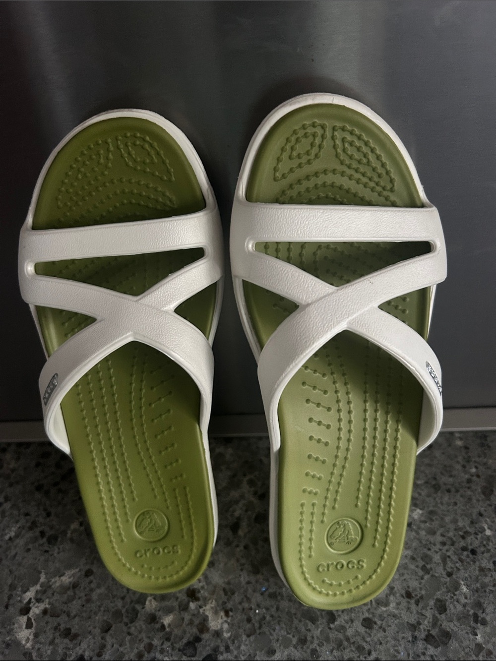 CROCS Women’s White & Olive Slide Sandals